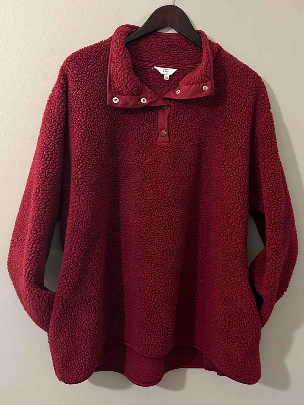 crown & ivy Plush Sherpa Pullover Sweater in Deep Red
